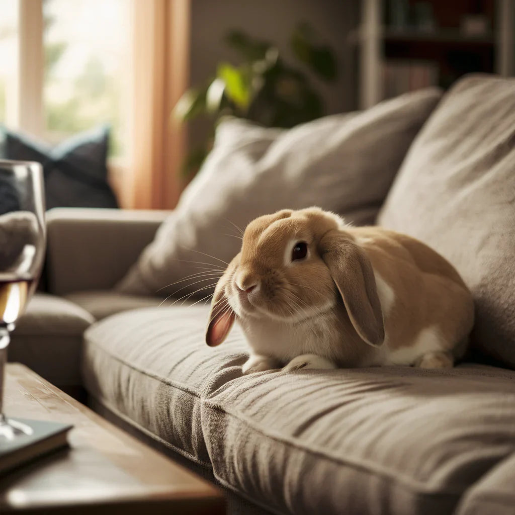 a domestic rabbit sitting on a coach