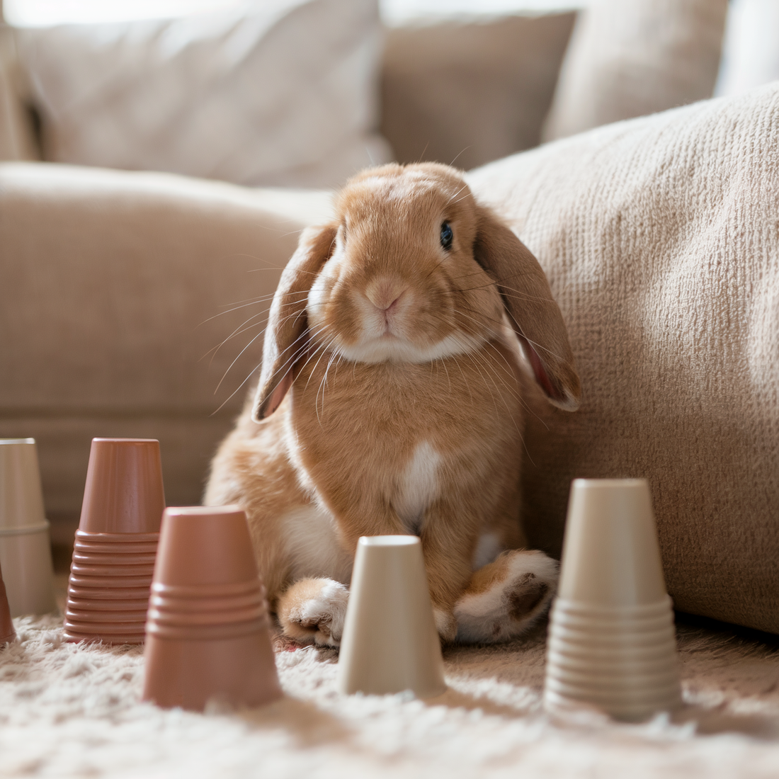 a domestic rabbit playing with stacking cups in the living room