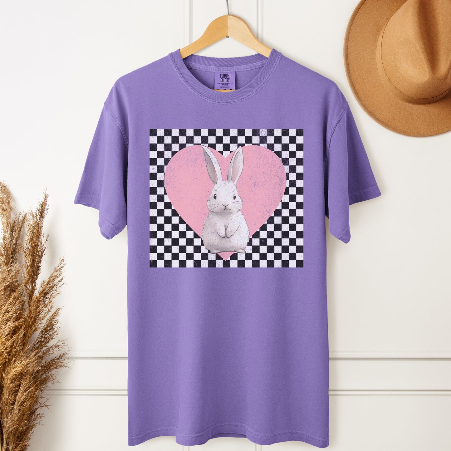 Retro Checkered Heart with Bunny Unisex Garment-dyed Heavyweight T-Shirt