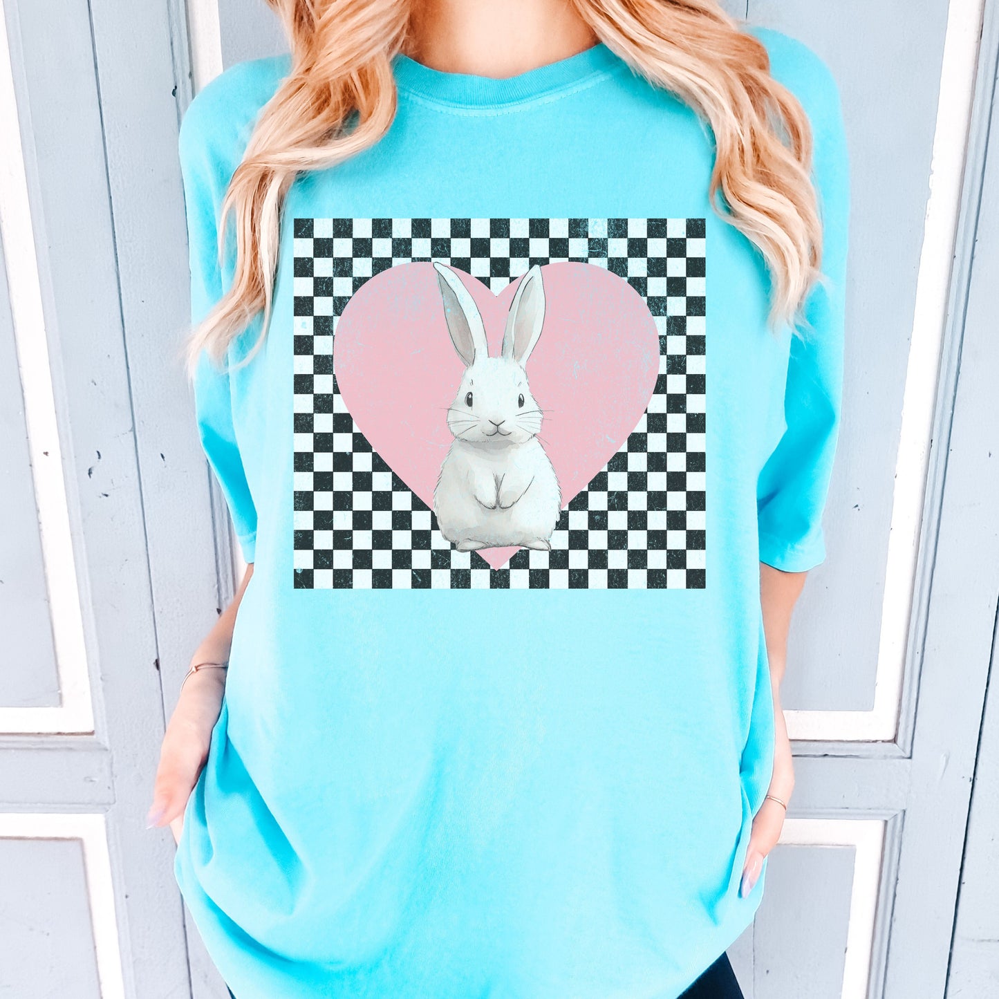 Retro Checkered Heart with Bunny Unisex Garment-dyed Heavyweight T-Shirt