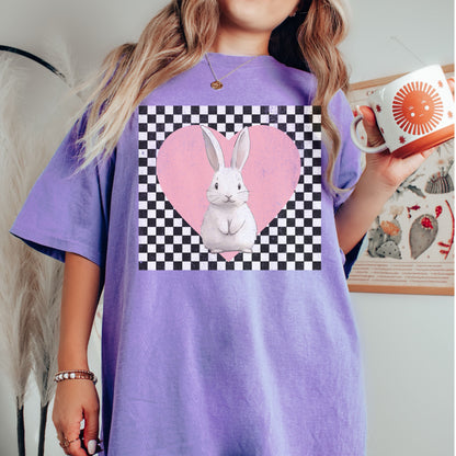 Retro Checkered Heart with Bunny Unisex Garment-dyed Heavyweight T-Shirt