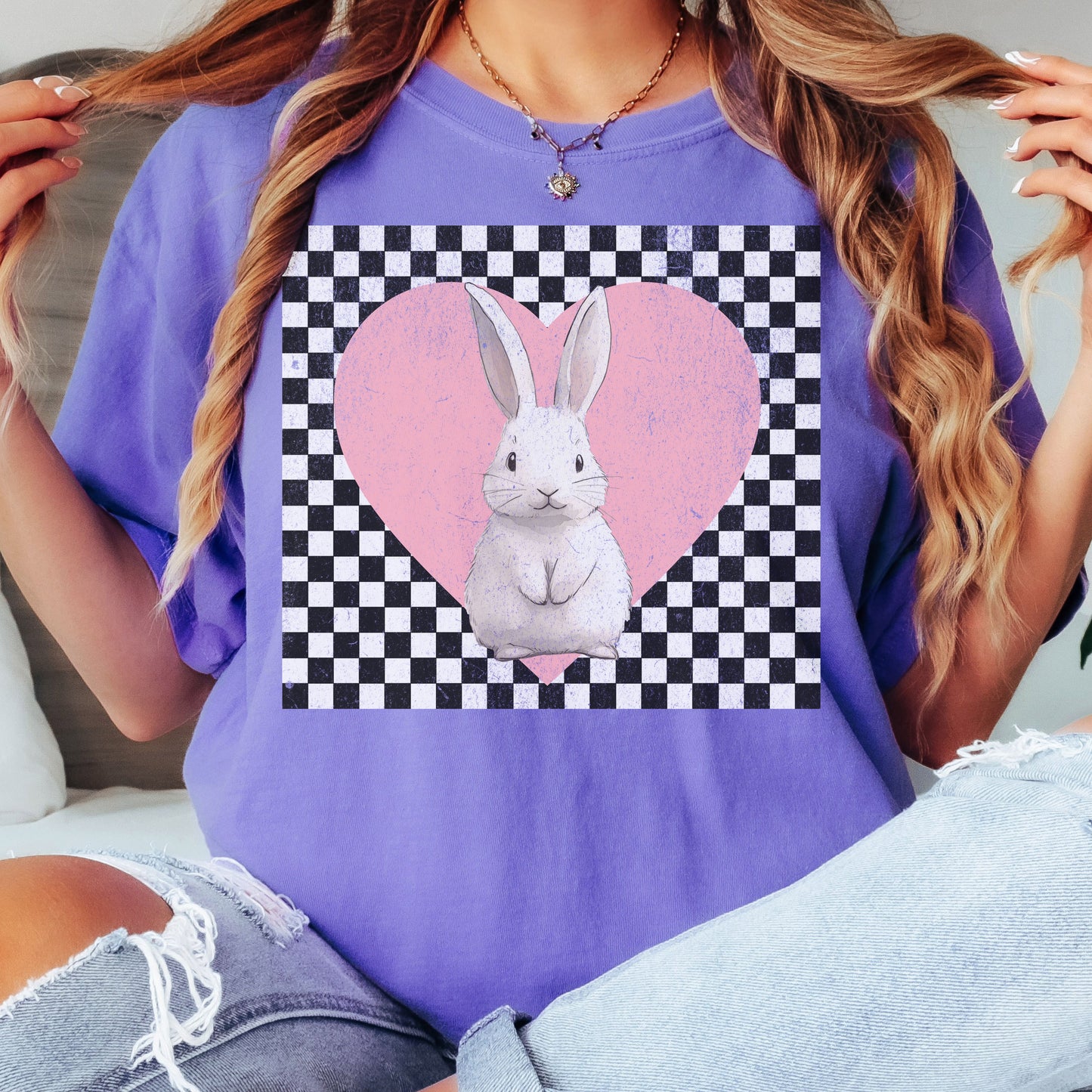 Retro Checkered Heart with Bunny Unisex Garment-dyed Heavyweight T-Shirt