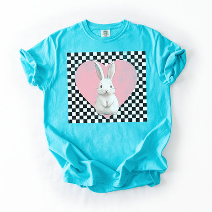 Retro Checkered Heart with Bunny Unisex Garment-dyed Heavyweight T-Shirt