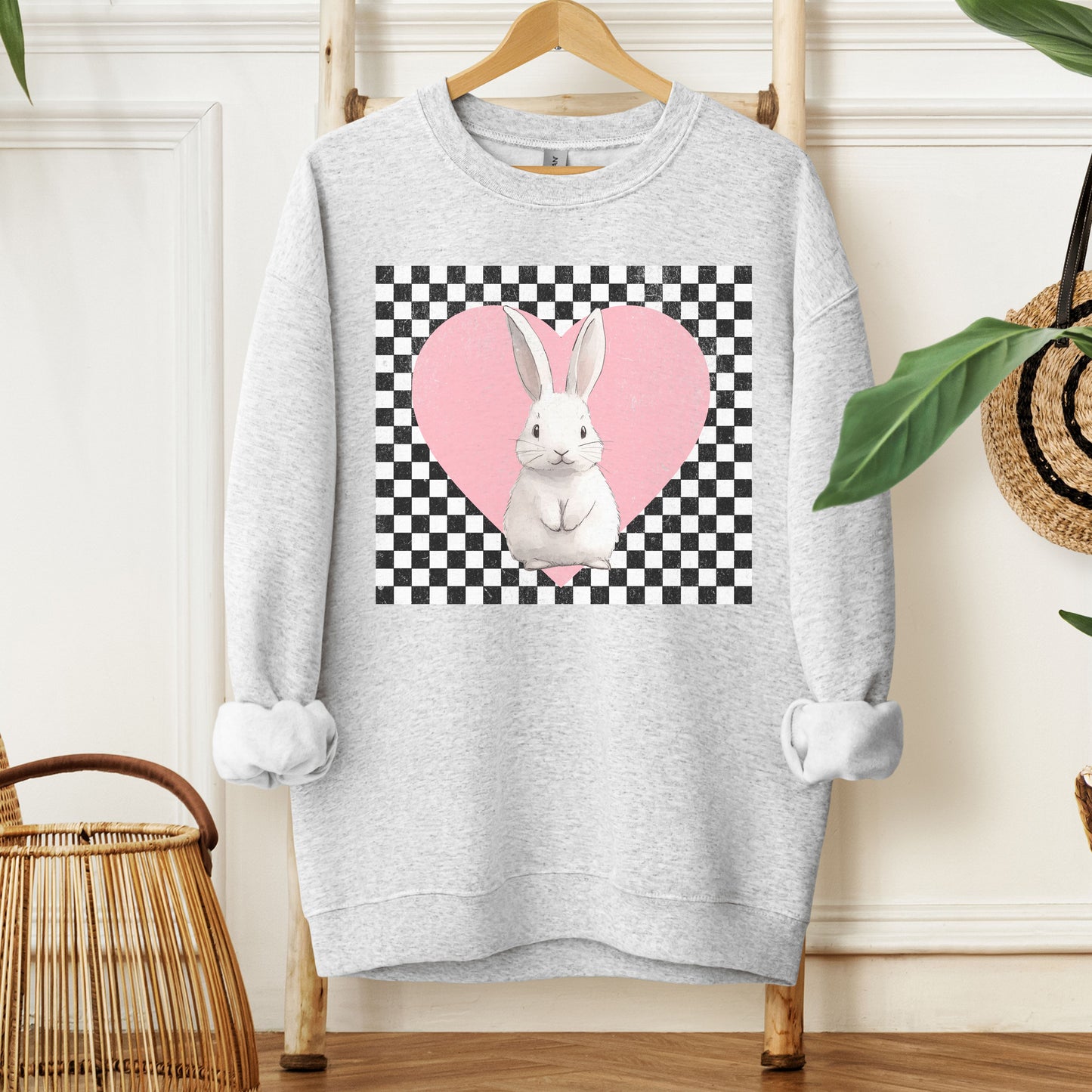 Retro Checkered Heart with Bunny Unisex Sweatshirt